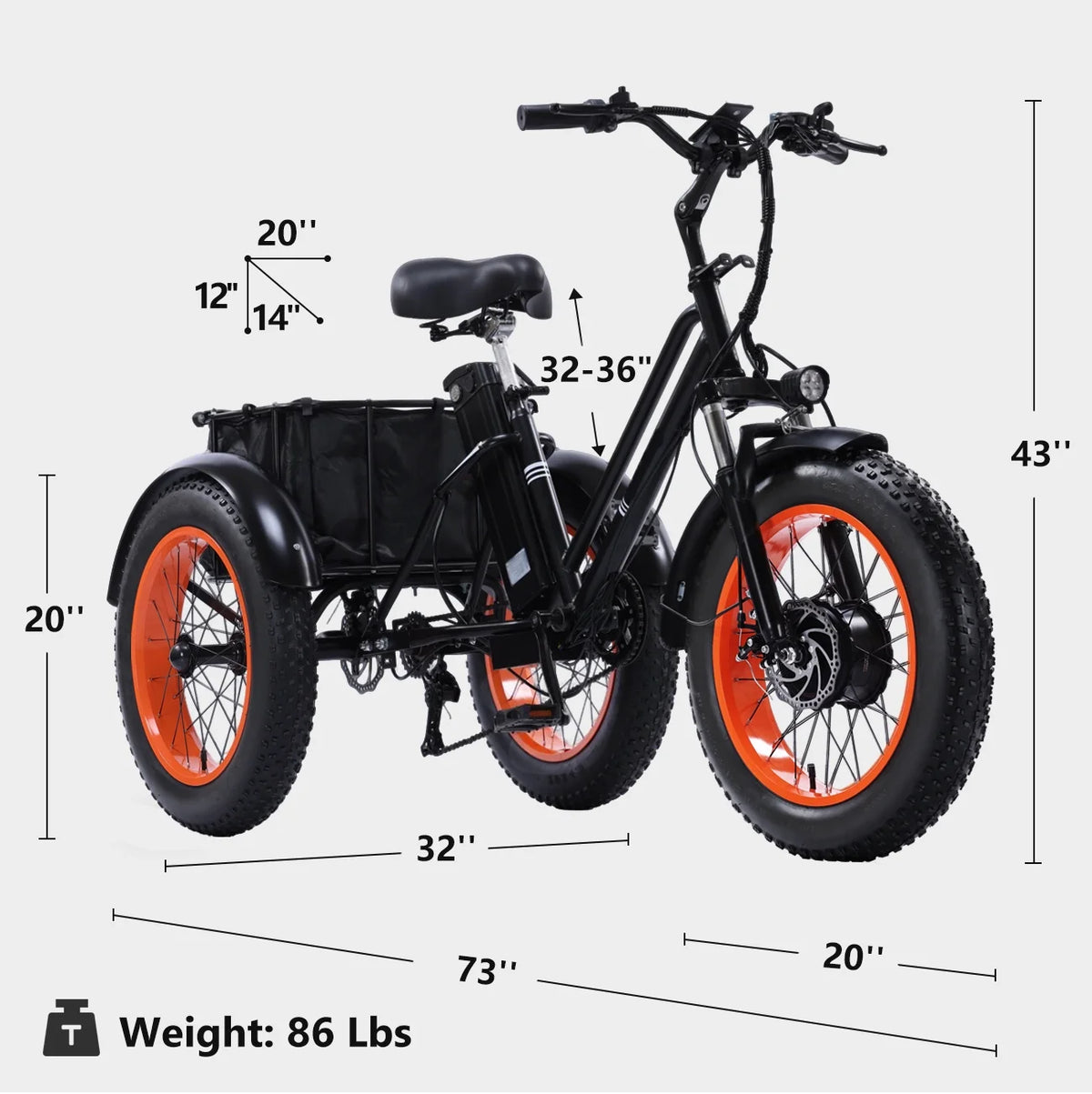 YEBEI Electric Tricycle for Adults Folding E-Trike Motorized Tricycle Electric 3 Wheels Trike Powerful 500W Motor Electric Tricycle 48V15AH Lithium Battery Max 20MPH 20*4.0 Fat Tire Orange