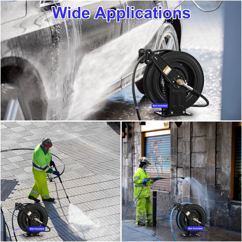 Auto-Retractable Pressure Washer Hose Reel, 50FT x 3/8" Heavy Duty Steel Power Washer Hose Reel Dual Arm, 4000 PSI