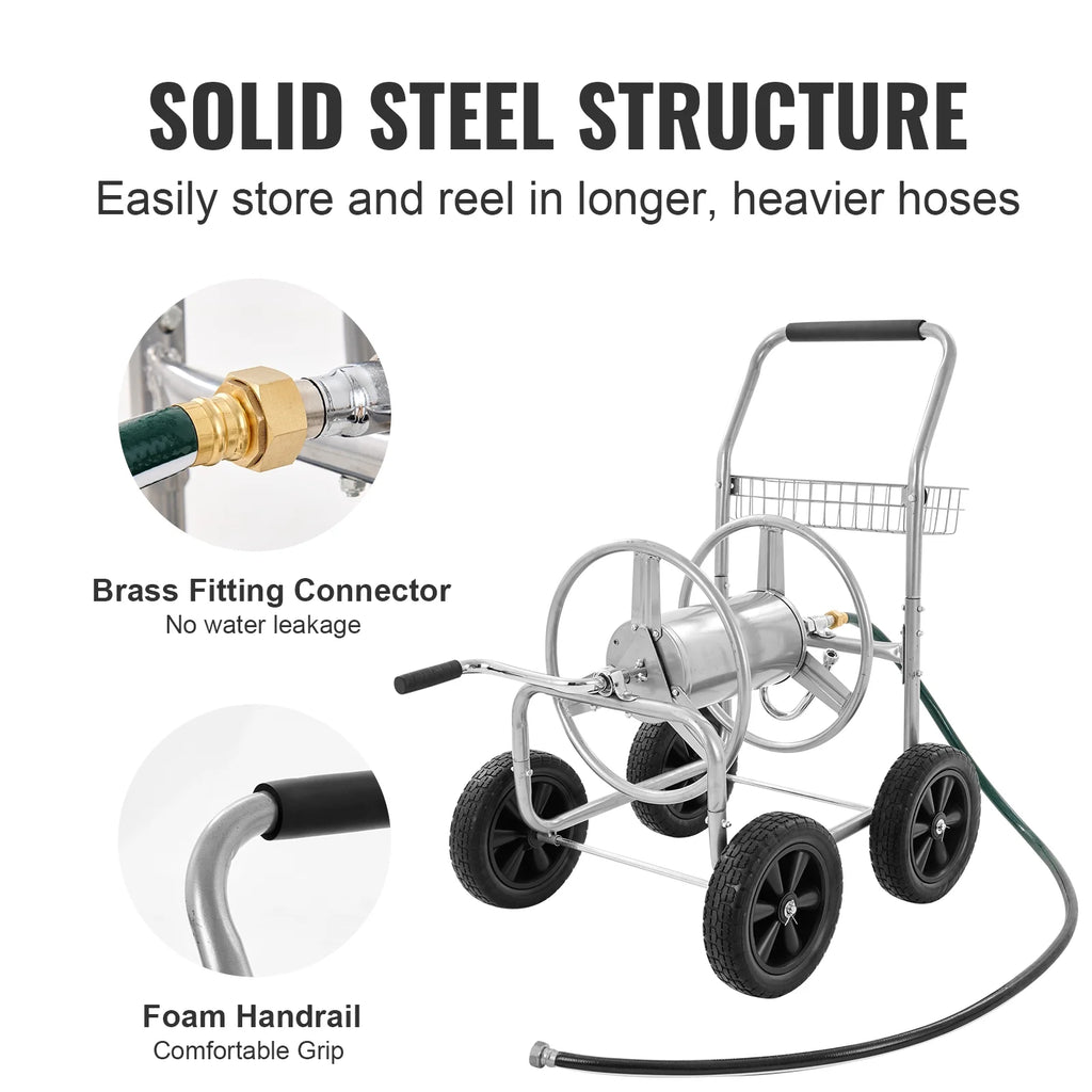 VEVOR Hose Reel Cart, Hold Up to 250 ft of 5/8 Hose, Garden Water Hose Carts Mobile Tools with 4 Wheels, Heavy Duty Powder-coated Steel Outdoor Planting with Storage Basket, for Garden, Yard, Lawn
