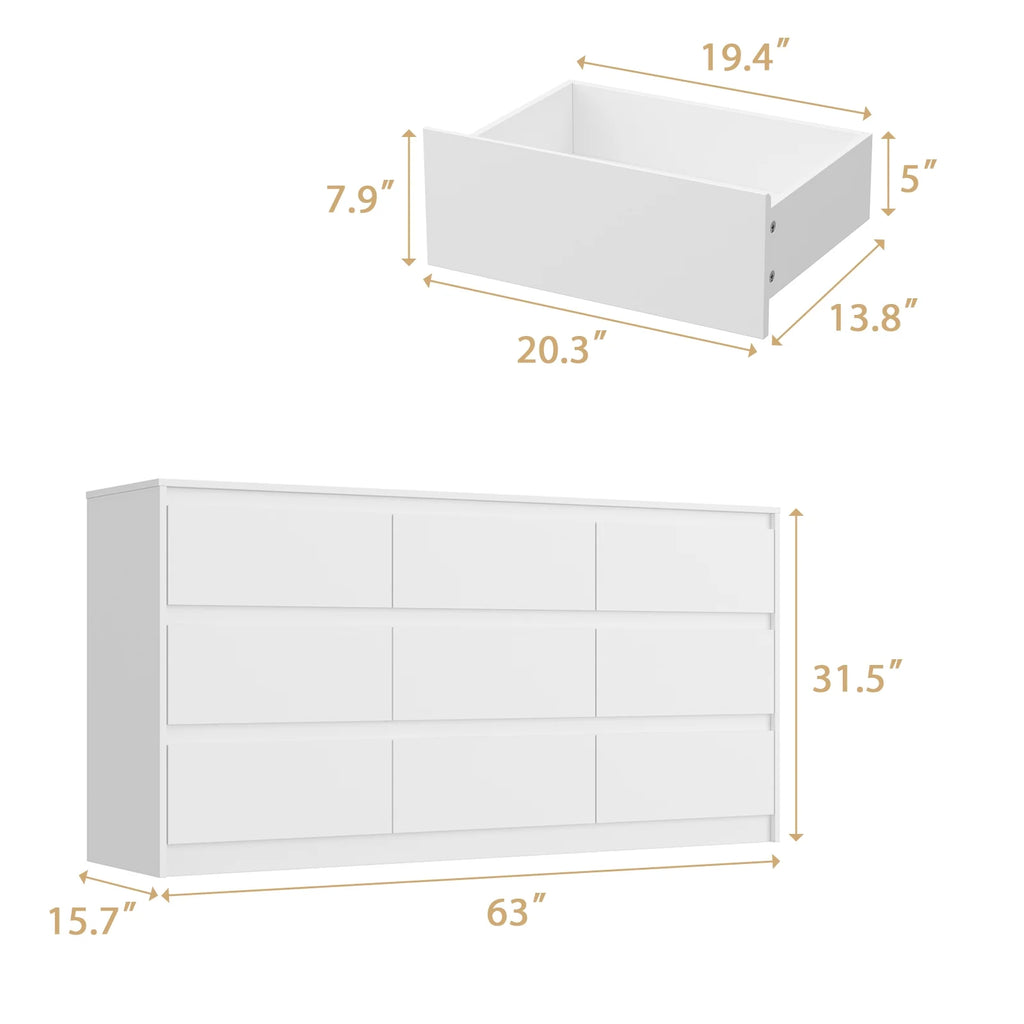 KULAGAGA 9 Drawer Dresser Chest of Drawers, 63 Wide Dressers, Modern Wood Drawer Chest Storage Organizer, No Handle Design for Bedroom Living Room Hallway, White