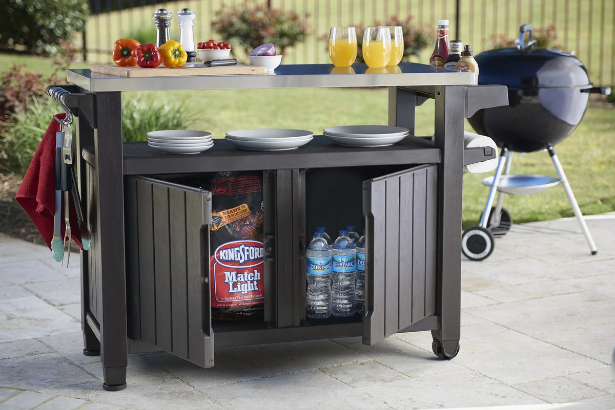 Unity XL Portable Outdoor Table and Storage Cabinet with Accessory Hooks, Espresso Brown