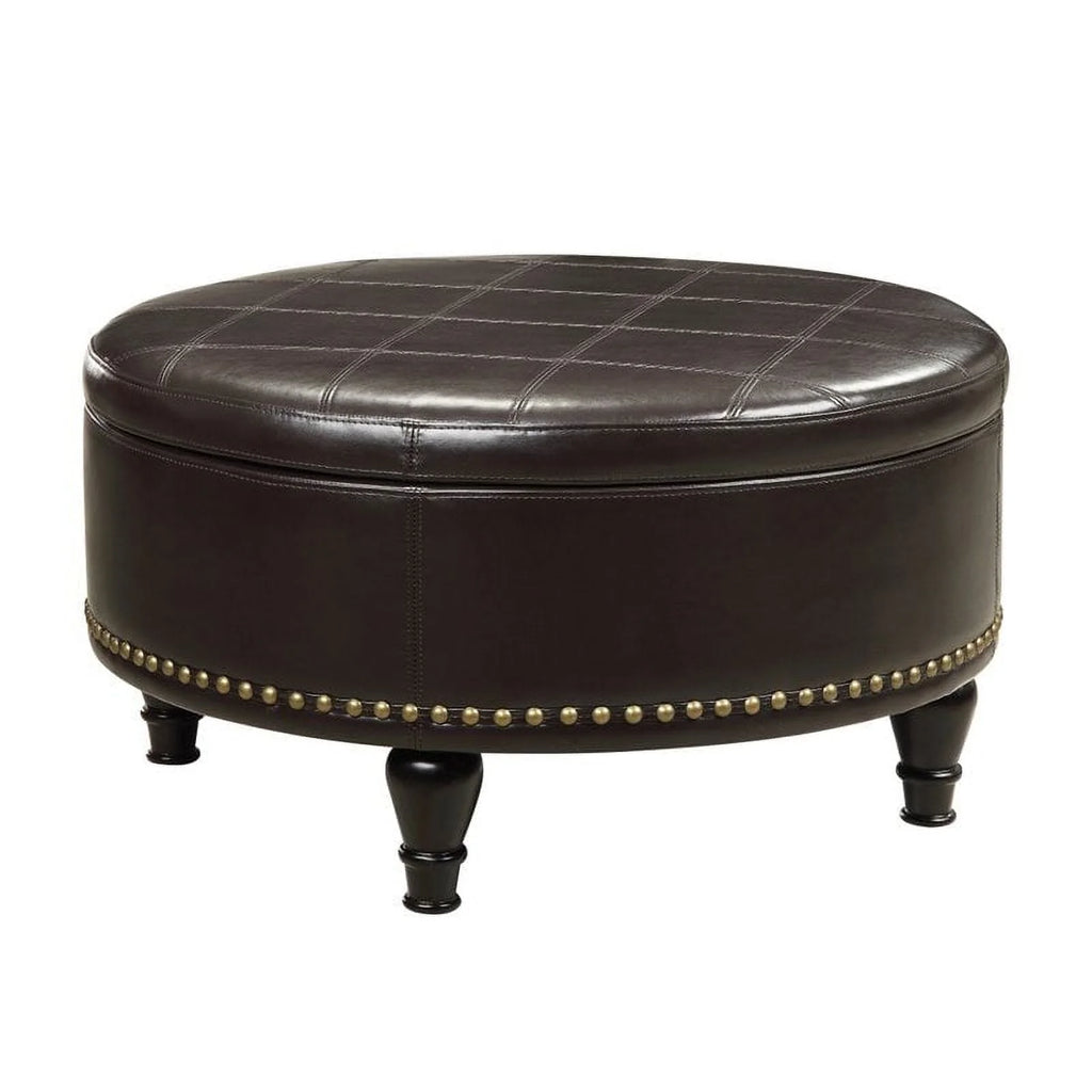 OSP Furniture Home Furnishings Augusta Round Storage Ottoman in Espresso Bonded Leather with Decorative Nailheads