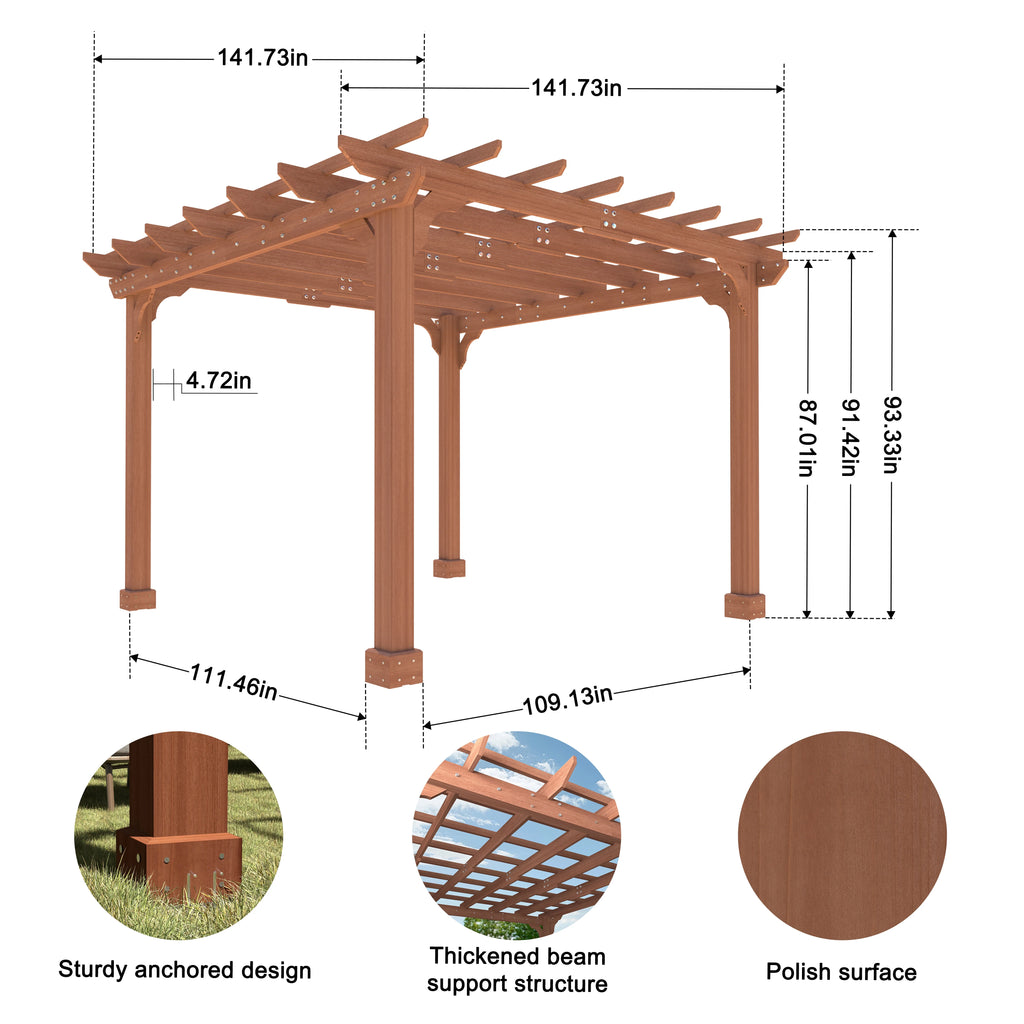 VEIKOUS 12'x10' Cedar Wood Pergola w/ Flat Roof and Ground Stakes for Outdoor Patio, Garden, Deck