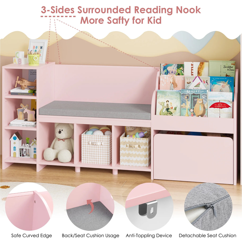 Homfa Kids Bookshelf with Reading Nook, 6 Shelf Bookcase with 1 Wood Toy Bin with 3 Tier Book Rack for Children Kidsroom