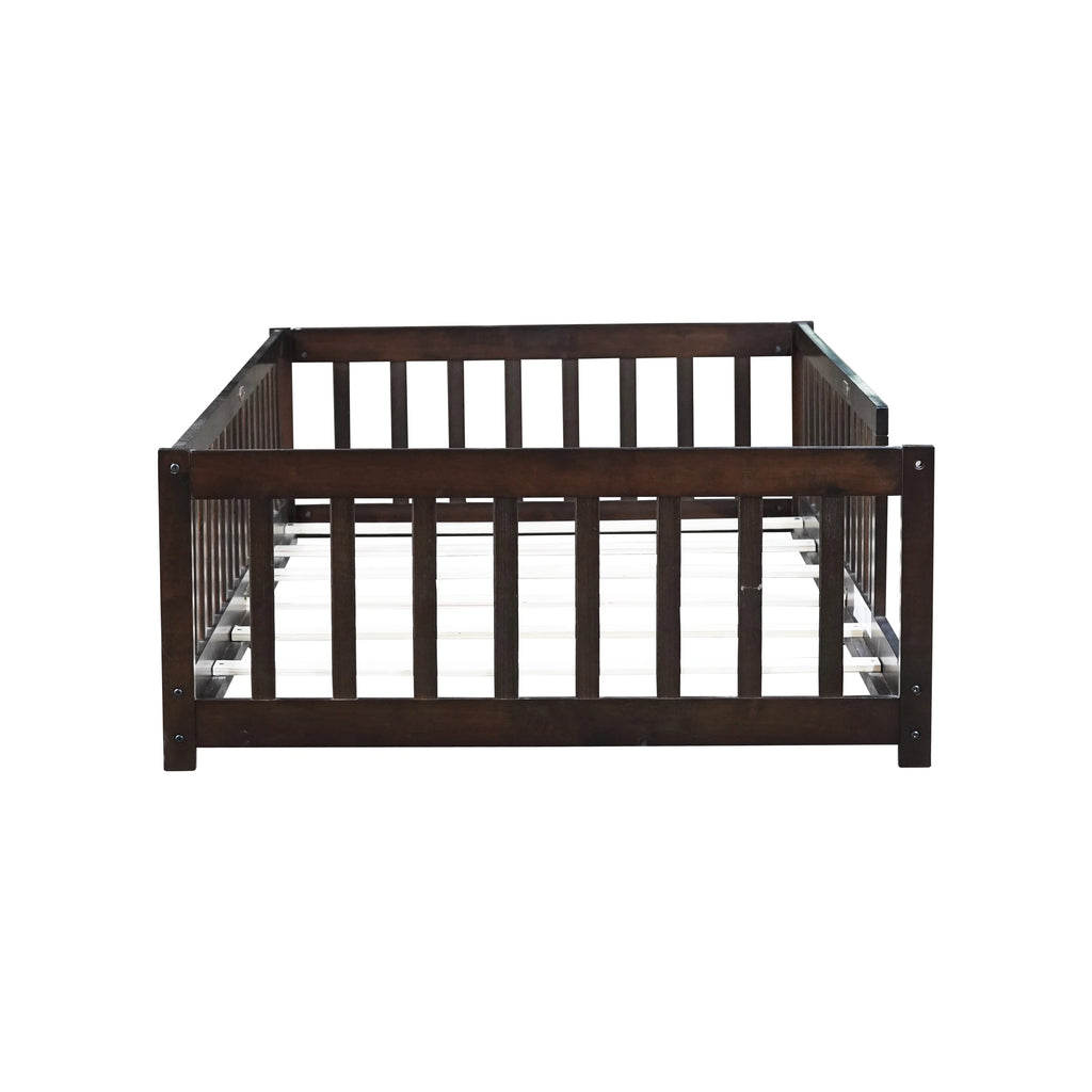 Miniyam Wooden Twin Size Floor Bed with Safety Fence for Kids, Natural