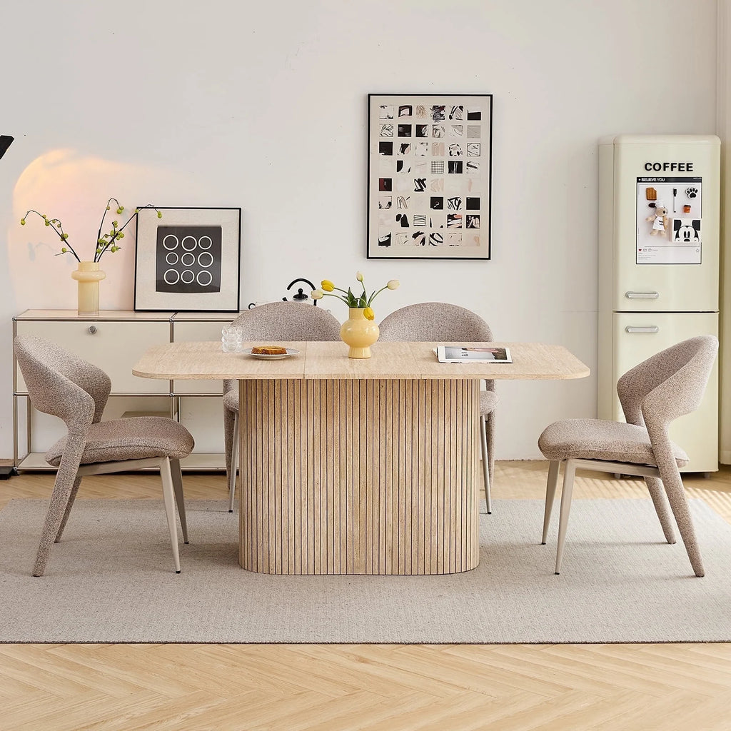 HJhomeheart 63" Rectangle Dining Table for 4 6 Person, Rounded Corners, Wood Strip Pedestal Base, Rustic Farmhouse Modern Breakfast Dinner Kitchen Table