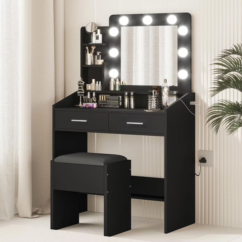 OYang Makeup Vanity with Lights, Vanity Desk with Mirror and Lights Set, Large Drawer and Two-Tier Lots Storage Cabinet, 3 Lighting Modes Adjustable Brightness