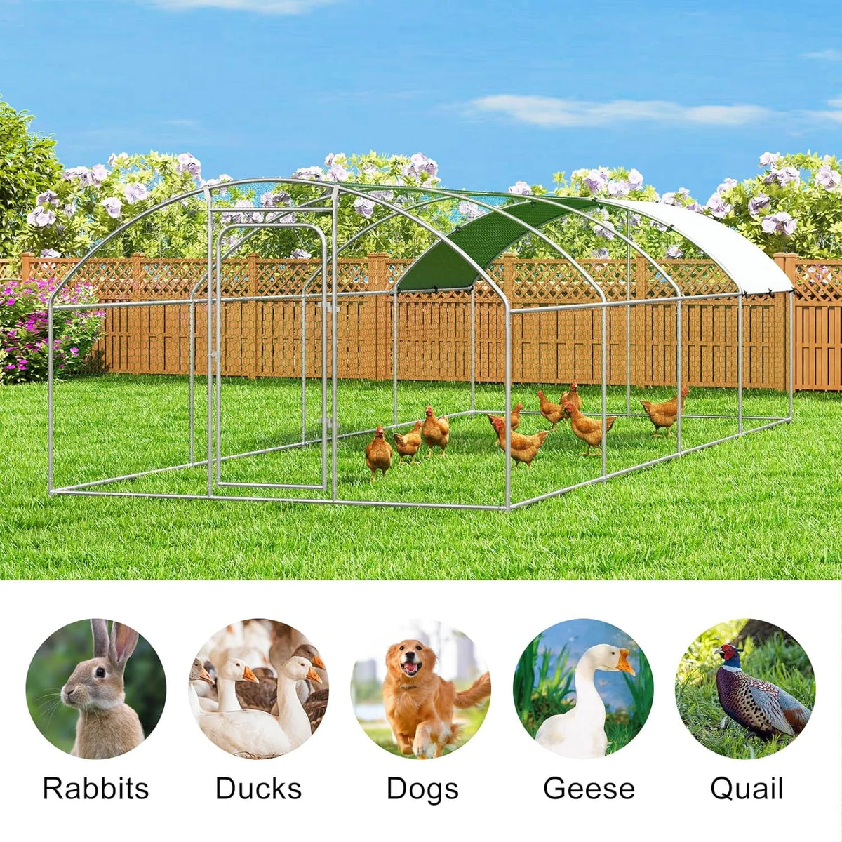 Large Metal Chicken Coop Walk-in Poultry Cage with Waterproof and UV-Resistant Cover Outdoor Chicken Run Hen Rabbit Duck House for Backyard Farm Use Spire Roof(10 W x 4.9 L x 6.4 H)