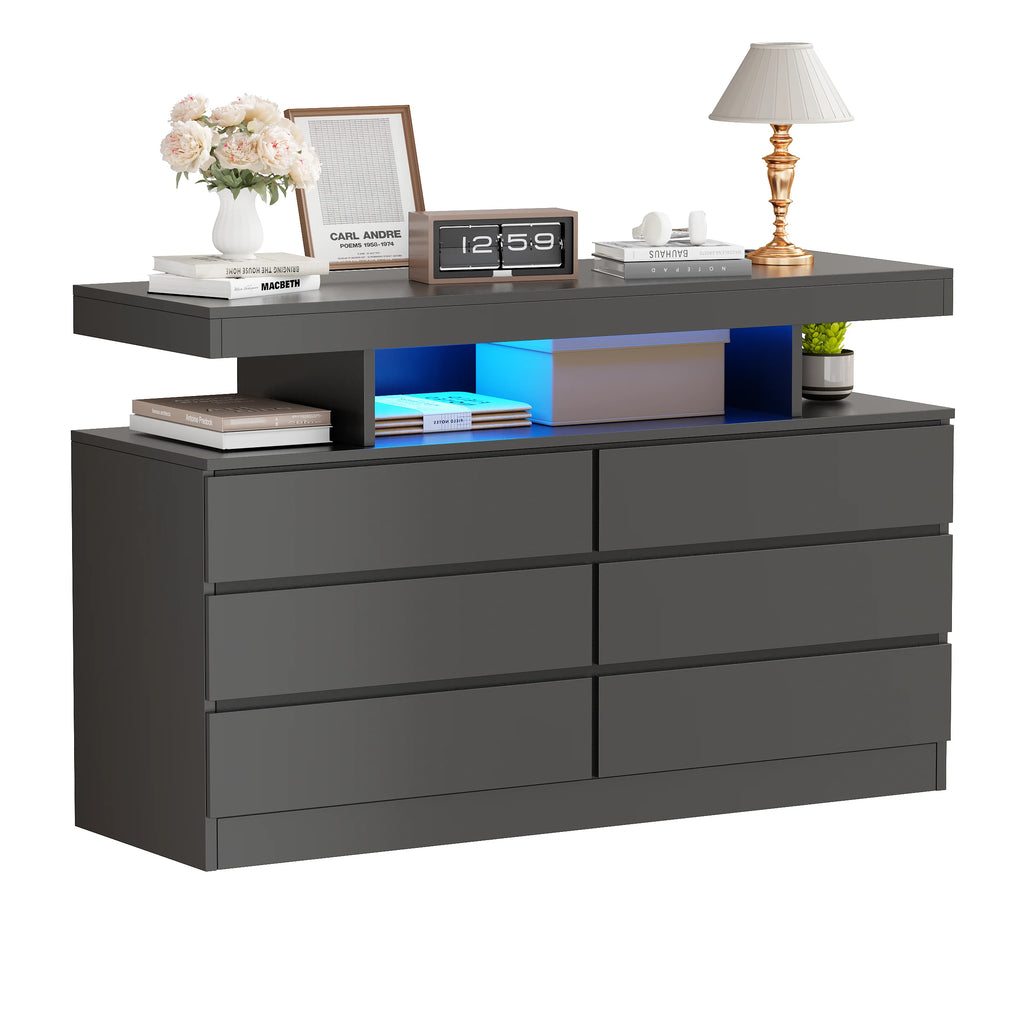 BEWISHOME Black 6-Drawer Dresser with LED Lights & Charging Station Modern Wood Storage Cabinet with Open Shelge Cabinet with Open Shelf, USB Ports & Outlets 47.24" Bedroom & Living Room TV Stand