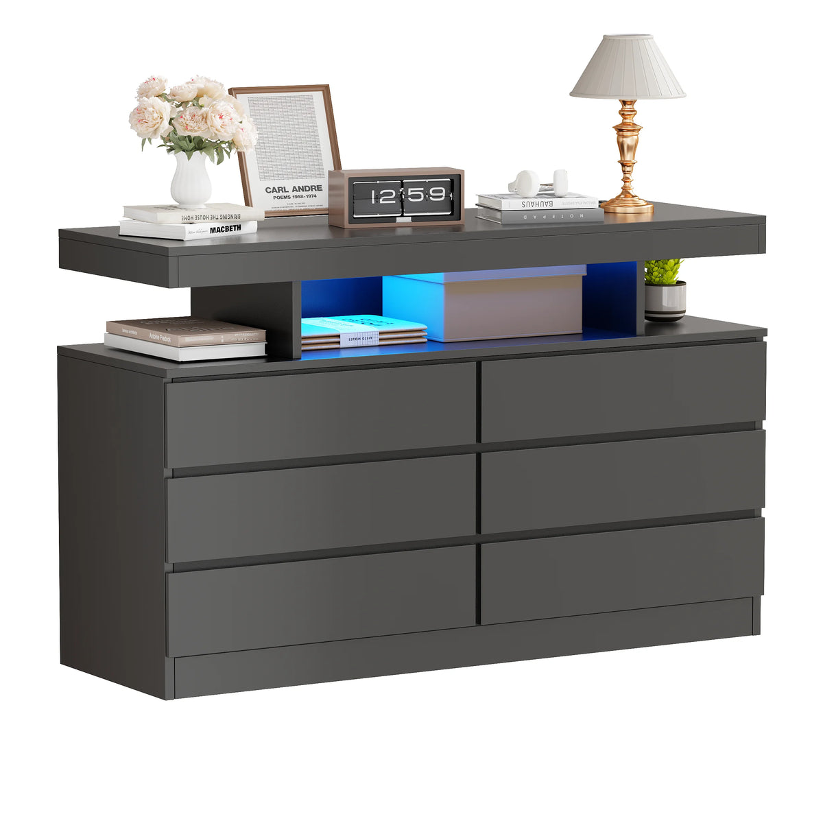 BEWISHOME Black 6-Drawer Dresser with LED Lights & Charging Station Modern Wood Storage Cabinet with Open Shelge Cabinet with Open Shelf, USB Ports & Outlets 47.24" Bedroom & Living Room TV Stand