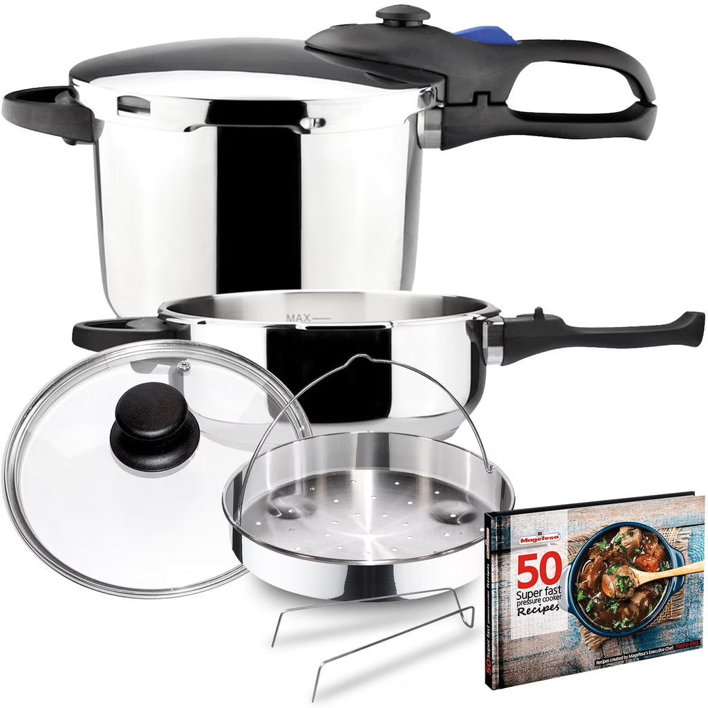 MAGEFESA Favorit Six Stainless Steel  Pressure Cooker Set, 3.2 Qt & 6.3 Qt, Induction Compatible Special Edition (Steam Basket, Lid & Recipe Book)