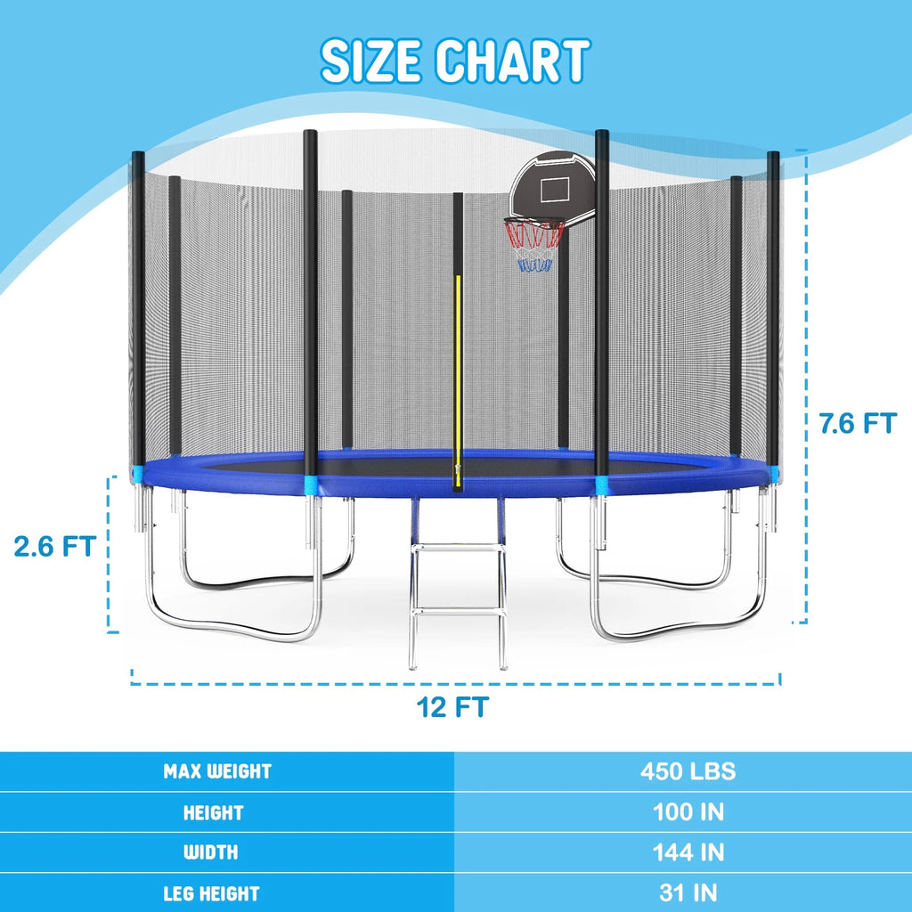 Trampoline Outdoor, 14FT Kids Trampoline with Enclosure Net and Ladder, Upgrade All-Weather Round Trampoline Curved Design with 5 Heavy-Duty Steel Legs