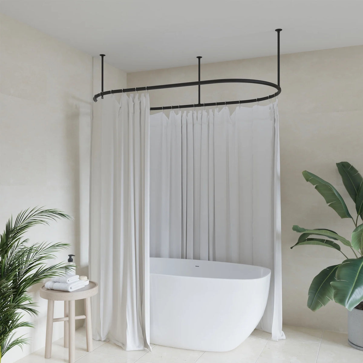Naiture Stainless Steel Oval Shower Curtain Rod with Ceiling Support for Clawfoot Tub in 48" L X 30" W, Brushed Nickel Finish
