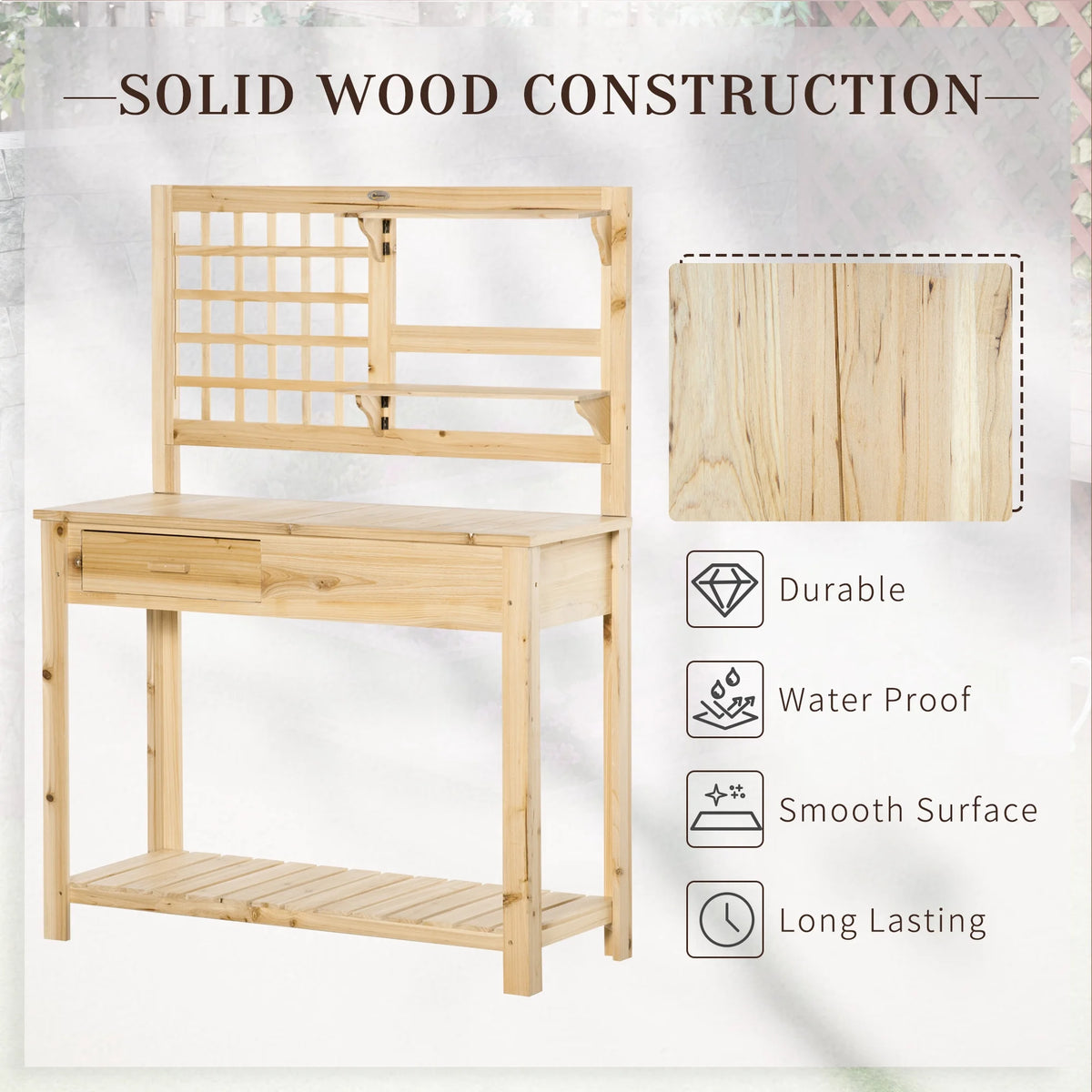 Outsunny Potting Bench Table, Garden Work Bench, Outdoor Wooden Workstation with Tiers of Shelves and Drawer for Patio, Courtyards, Balcony, Grey