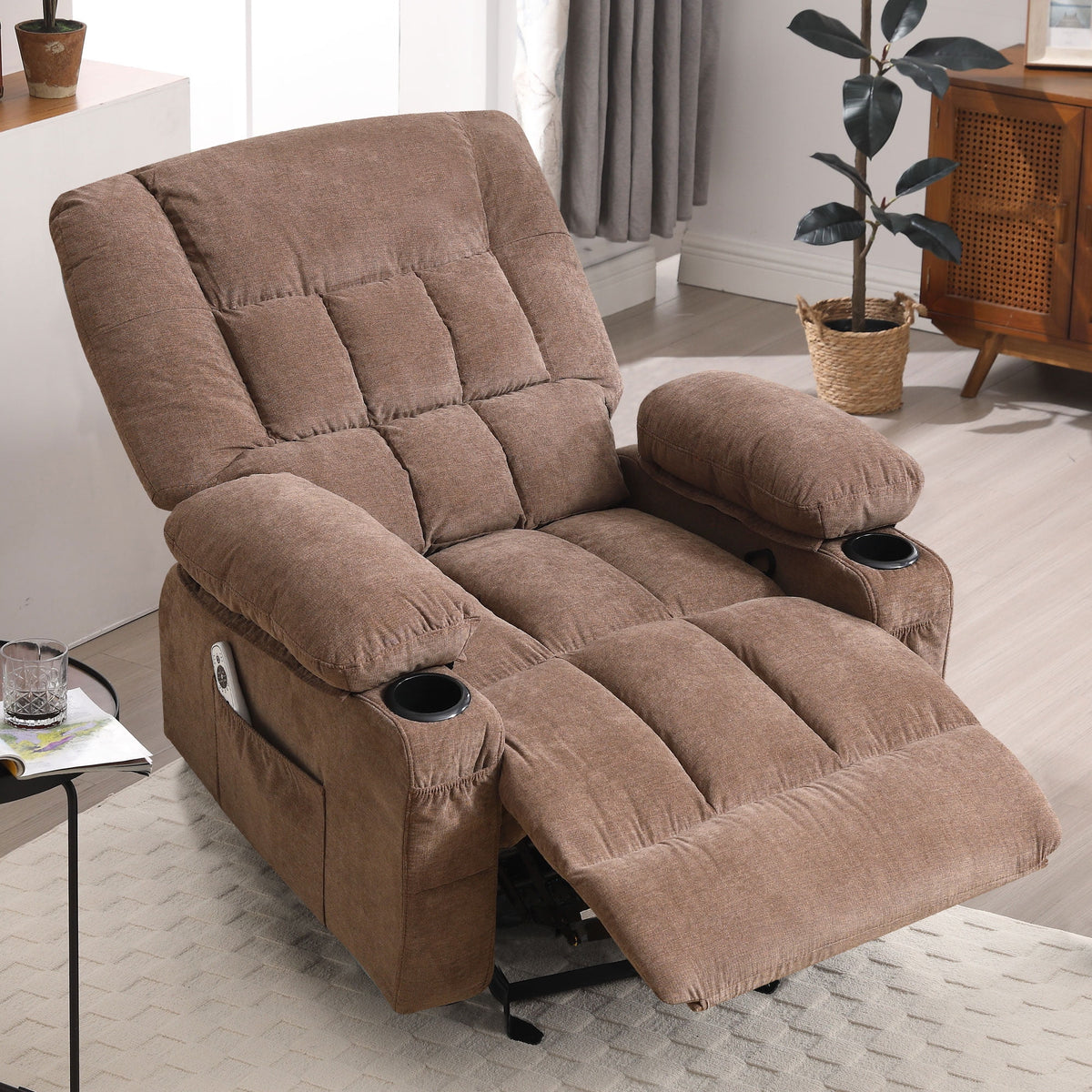 JONPONY Manual Recliner Chair with Heat Therapy and Massage Function, Heavy Duty Reclining Mechanism Massage Chair, Elderly Single Rocker Sofa with Cup Holders for Bedroom Home Theater,Blue