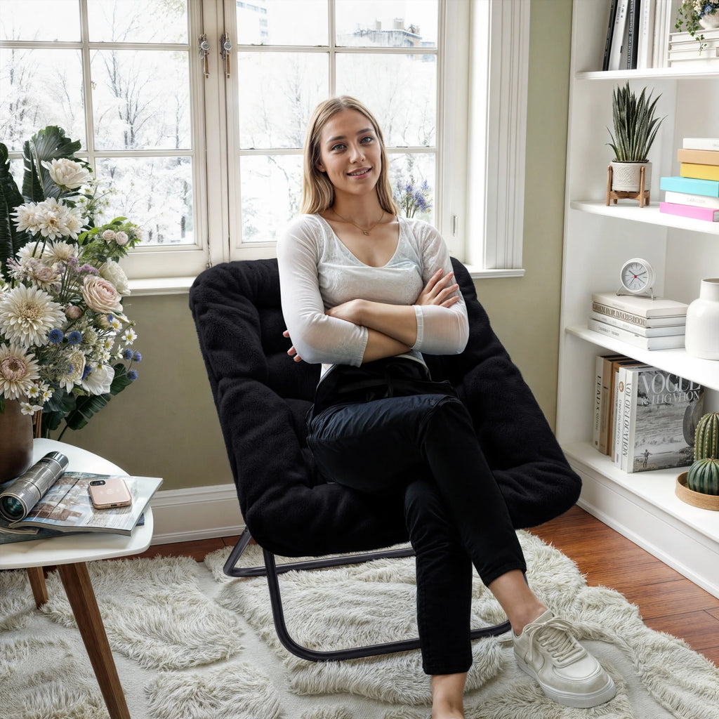 Emma + Oliver Oversized Faux Fur Folding Saucer Chair for Dorm, Bedroom, Black Faux Fur/Black Frame