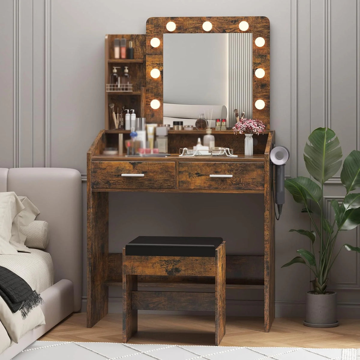 OYang Makeup Vanity with Lights, Vanity Desk with Mirror and Lights Set, Large Drawer and Two-Tier Lots Storage Cabinet, 3 Lighting Modes Adjustable Brightness
