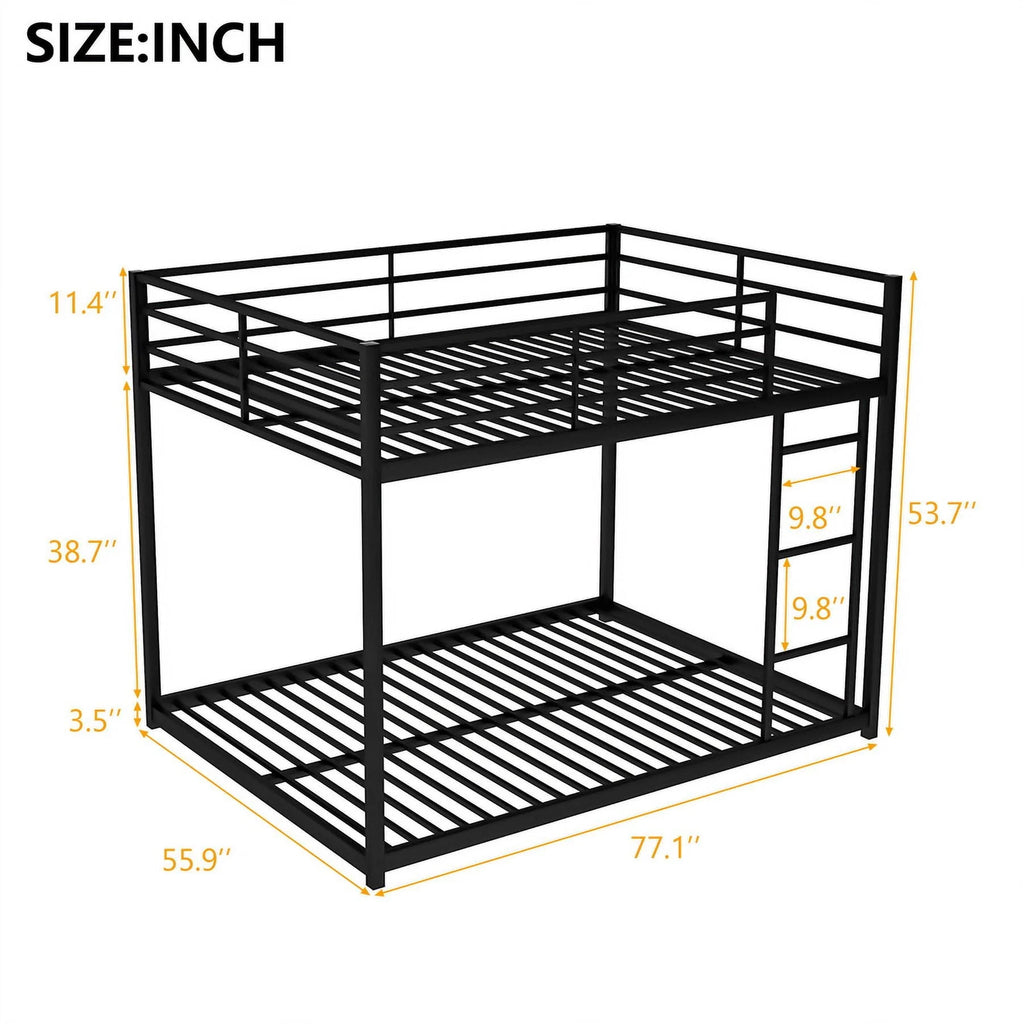 Full Over Full Metal Low Bunk Bed for Kids Teens Adults, Modern Black Bunk Bed with Heavy Duty Metal Frame, Ladder and Safety Full-Length Guard Rails, Space-Saving