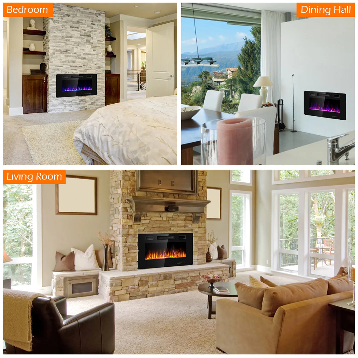 Costway 36'' Electric Fireplace Recessed Ultra Thin Wall-Mounted Heater w/Multicolor Flame