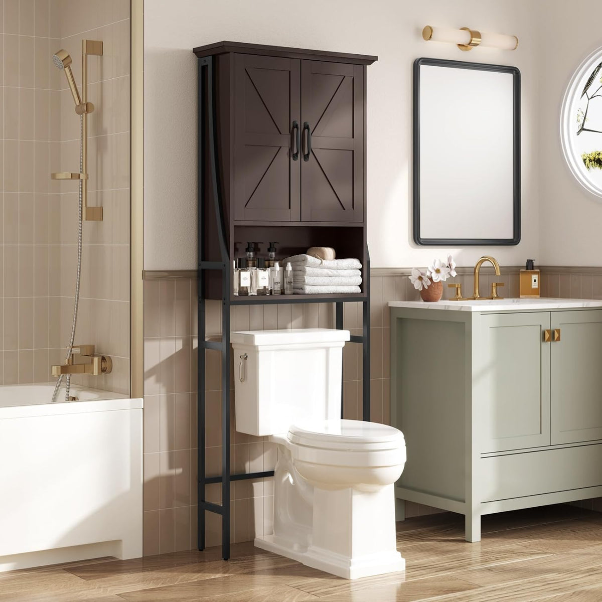 Over The Toilet Storage Cabinet, Over Toilet Bathroom Organizer, Above Toilet Storage Cabinet with Barn Doors Behind Toilet Bathroom Organizer Over-The-Toilet Cabinet (Cream White)