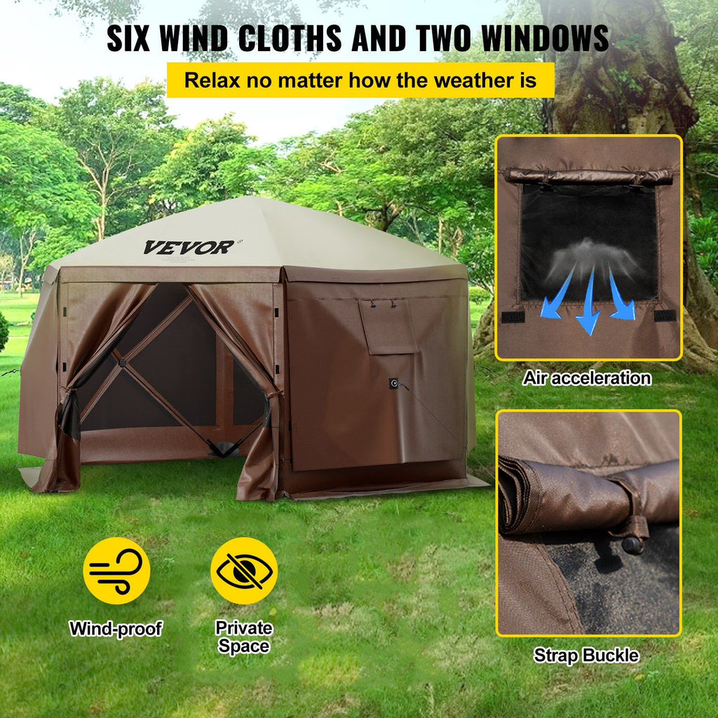 Extra Large 12x12ft Pop-Up Screen Tent, Portable Gazebo Canopy with Mesh Sides Water-Resistant Shelter for Camping, Beach, Lawn (Brown/Beige, 6-Sided Design)