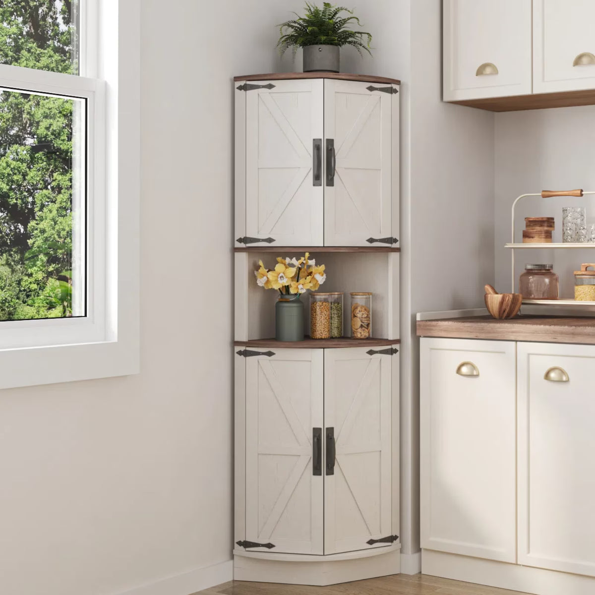Vabches Farmhouse 64.8'' Tall Corner Cabinet with 4 Doors and 5 Storage Shelves for Kitchen, Living Room, White