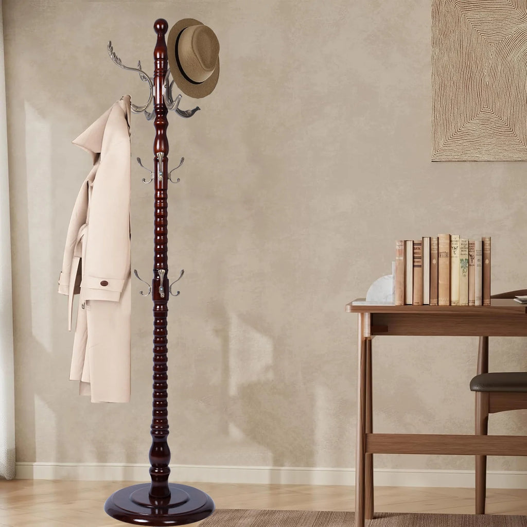 Coat Rack Freestanding, Hall Tree with 11 Hooks, Heavy Duty Wooden Coat Tree Stand, Adjustable Height, Sturdy Base for Bedroom Hallway Office - Load 270lbs