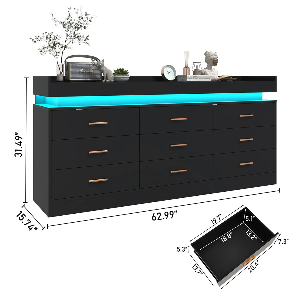 ANPOO 9 Drawer Dresser with LED Lights and Charging Station, Modern Double Wide Chest of Drawers with Power Outlet for Bedroom, Living Room