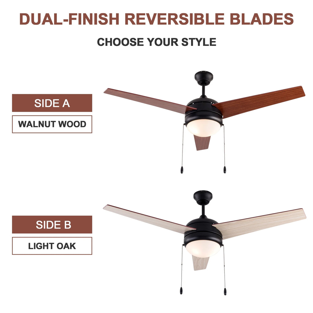Simpol 52" Prominent Indoor Ceiling Fan with LED Light, Pull Chain and Remote Control, Reversible AC Motor, Walnut/Silver Reversible Blades and Satin Nickel Finish