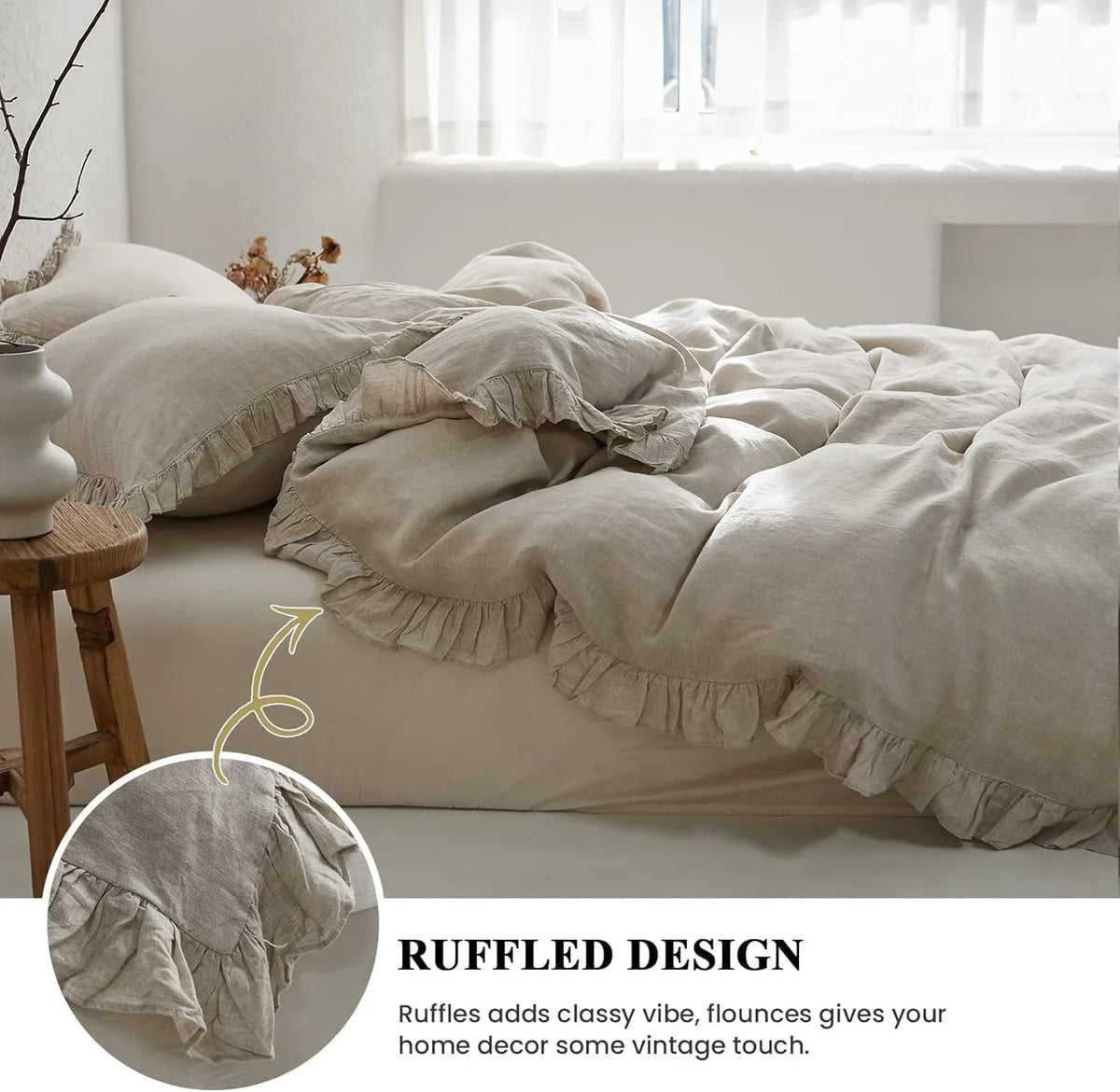 Simple&Opulence 100% Washed Linen Duvet Cover Set-3 Pieces Shabby Chic Premium Ruffled Bedding with 1 Comforter Cover and 2 Pillowshams France Flax High End Frill Sets Vintage Style(King, White)