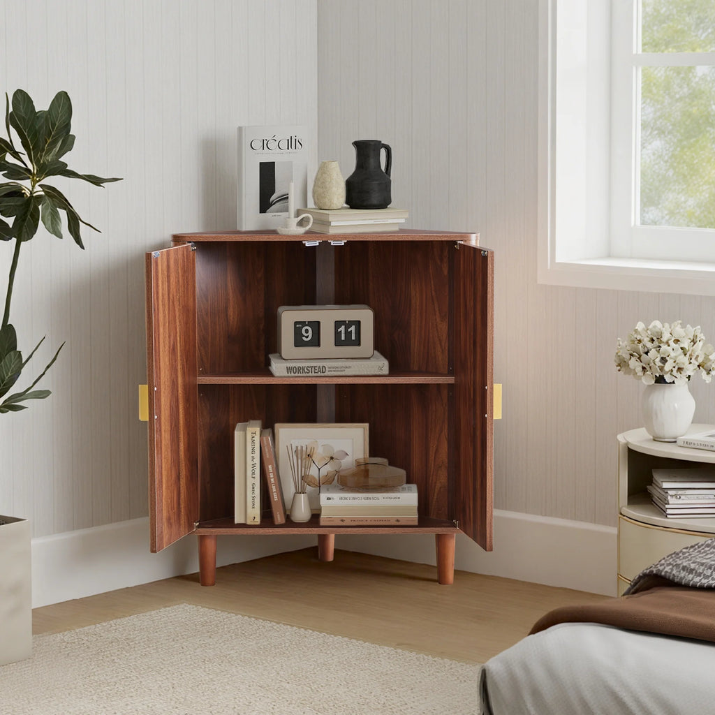 Accent Cabinet with Round Carved Line Door for Entryway Hallway, Walnut Sideboard Buffet Cabinet, Storage Cabinet with Adjustable Shelves for Living Room