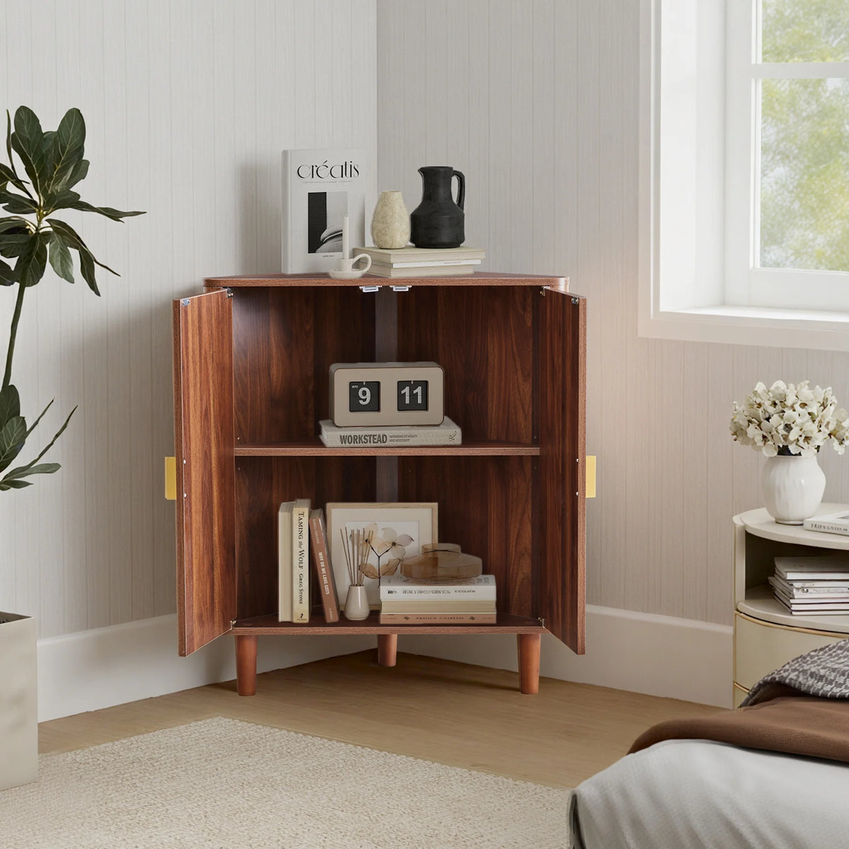 Accent Cabinet with Round Carved Line Door for Entryway Hallway, Walnut Sideboard Buffet Cabinet, Storage Cabinet with Adjustable Shelves for Living Room