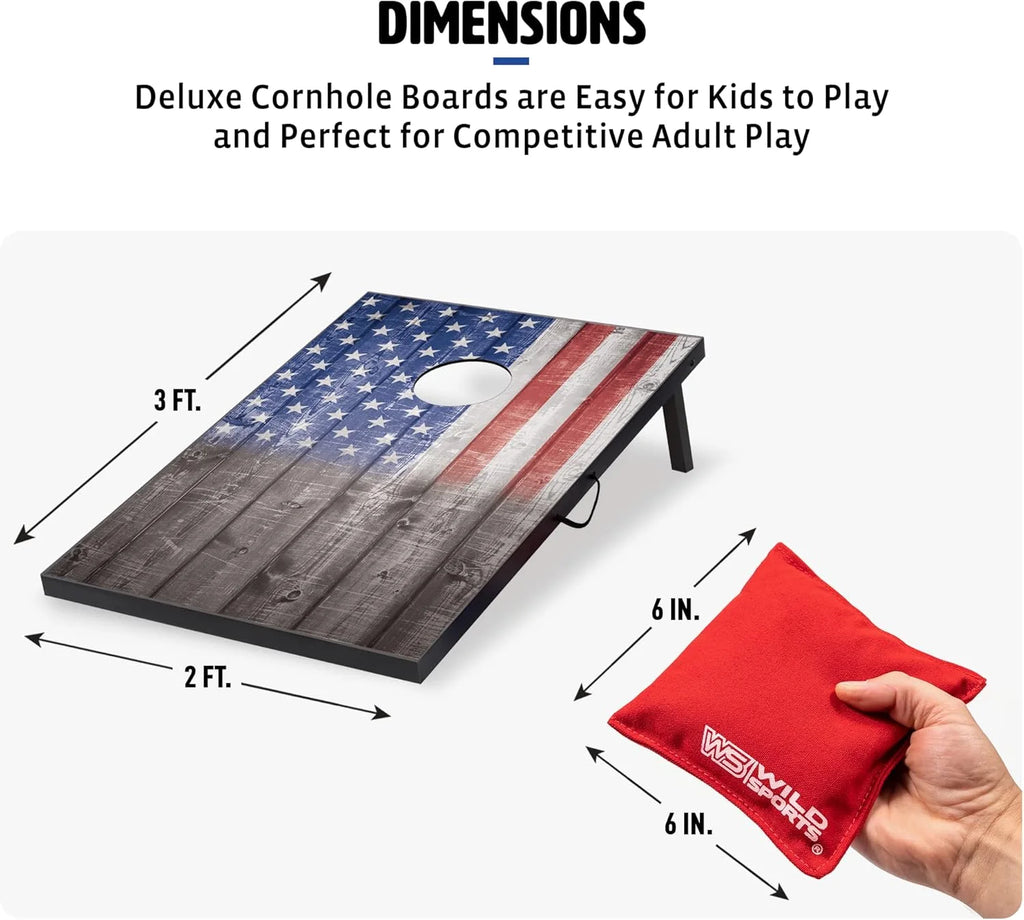 Wild Sports 2'x3' Cornhole Outdoor Game Set, USA Flag or Natural Wood Options with Carry Bag Included