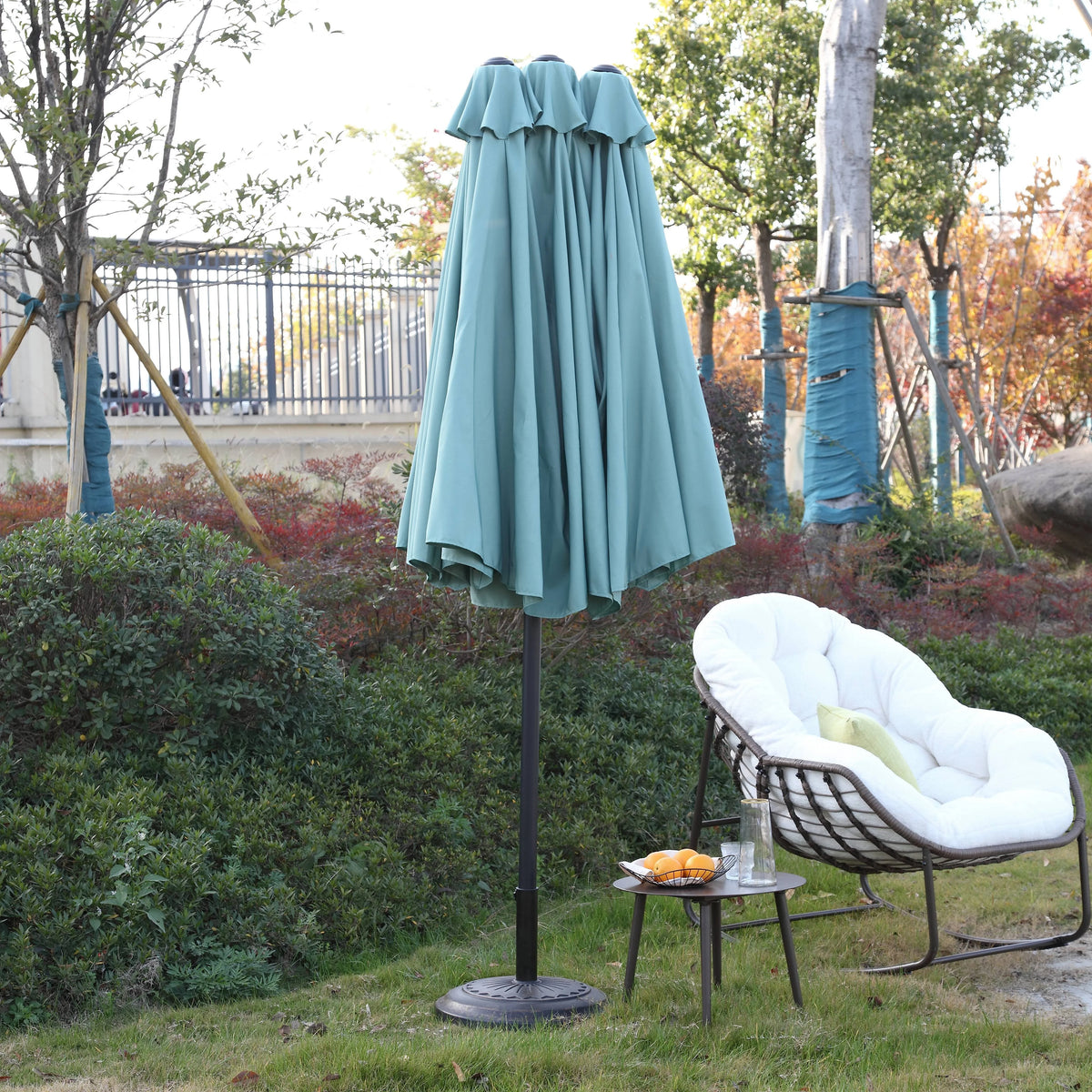 Outdoor Patio Umbrella, 15FT Double-Sided Solar Umbrella with Crank, Large Umbrella for Pool Yard, with 12pcs Steel Ribs, Dark Green