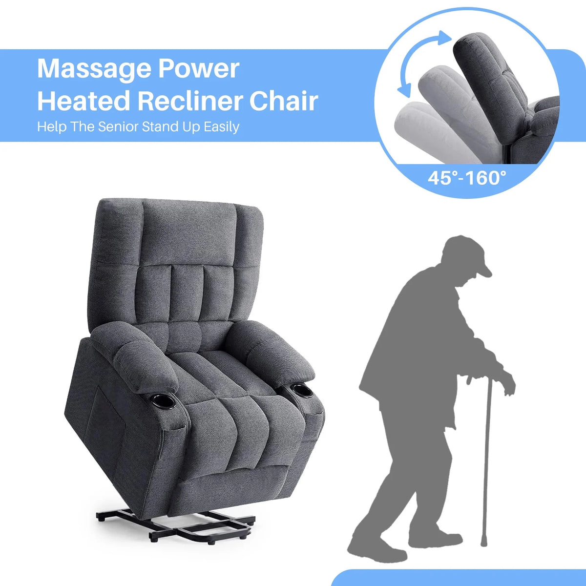 Simenmax Recliner Chair with Massage and Heating, Home Theater Seating with Lumbar Support, Adjustable Electric Power Lift Chairs, Gray