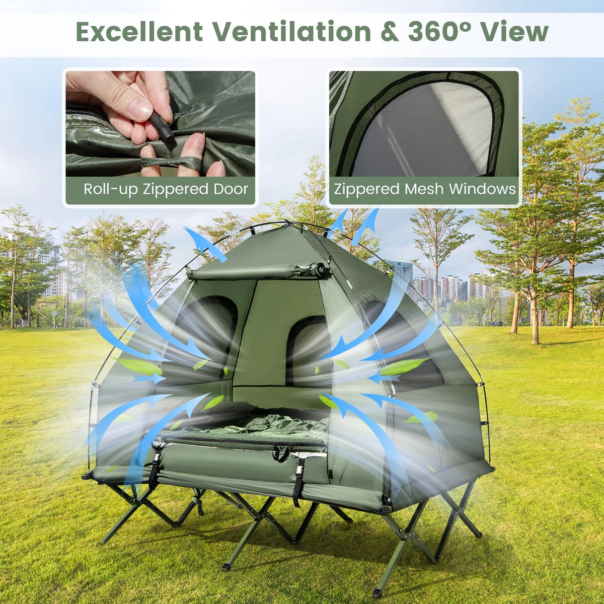 Gymax 2-Person Camping Tent Cot 5-in-1 Folding Camping Bed w/ Air Mattress Pillow Sleeping Bag