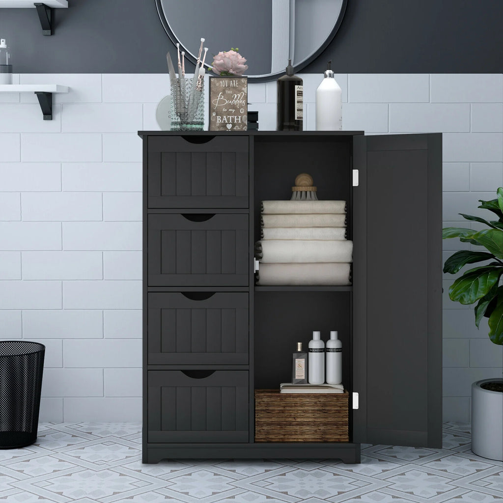 Gymax Bathroom Floor Cabinet Storage Organizer Cupboard w/ 4 Drawers Adjustable Shelf Grey