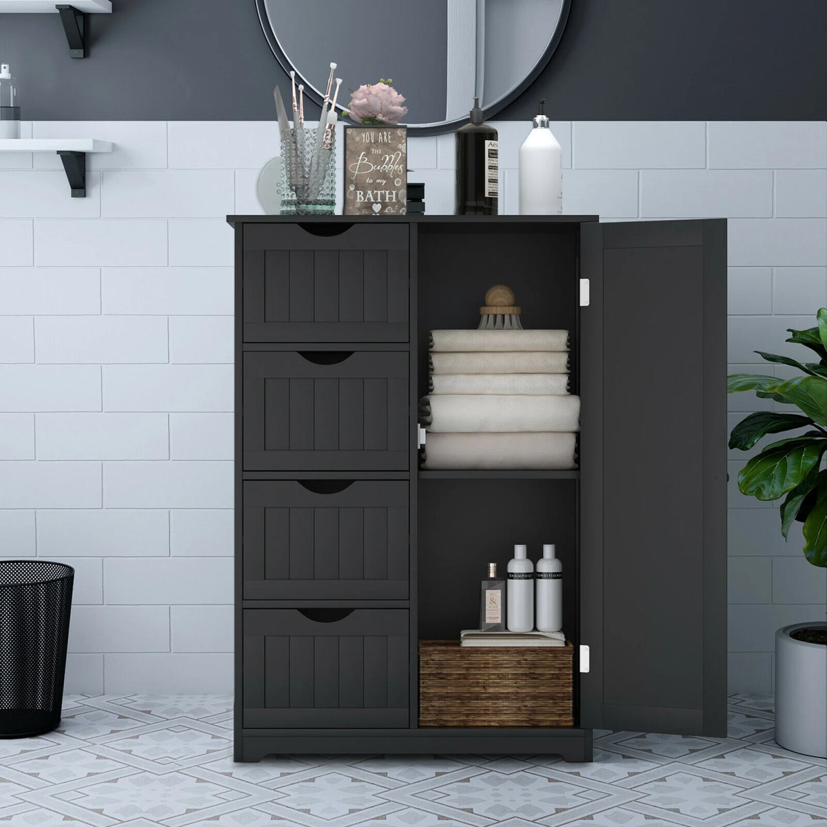 Gymax Bathroom Floor Cabinet Storage Organizer Cupboard w/ 4 Drawers Adjustable Shelf Grey