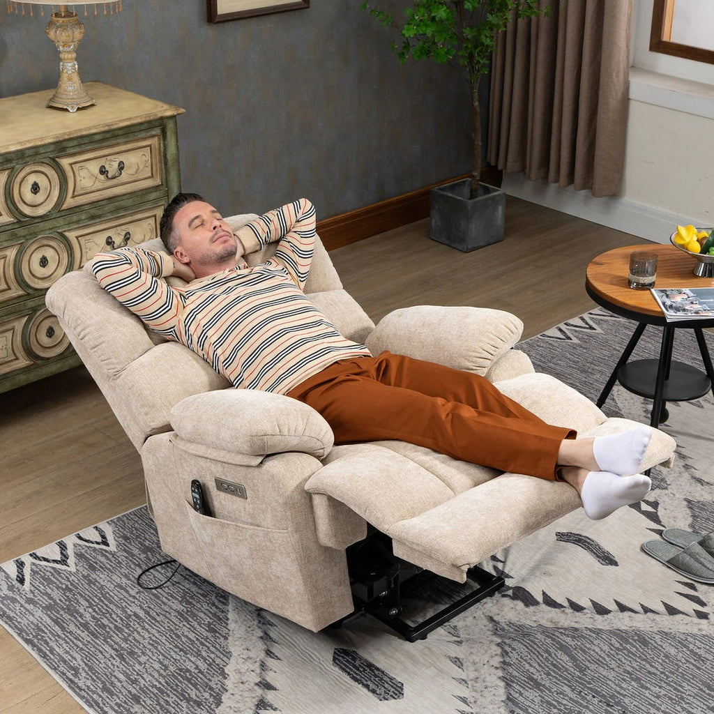 Oversized Power Lift Recliner Chairs for Adults,Beige Electric Recliners for Elderly with 8-Point Vibration Massage Lumbar Heating,2 Side Pocket,USB Port,24" Seat Width,25" Seat Depth,20" Seat Height
