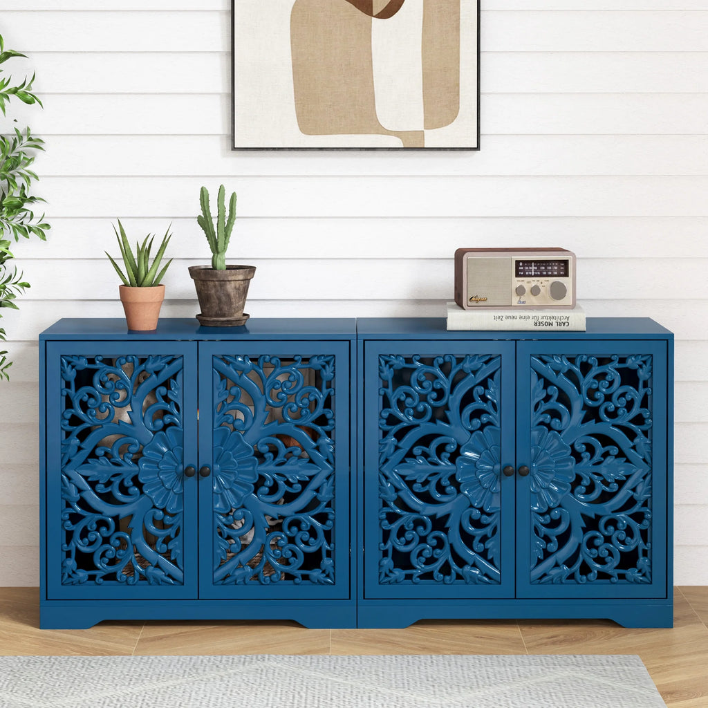 Accent Cabinet with Hollow Carved Door for Entryway Hallway, Blue Sideboard Buffet Cabinet, Storage Cabinet for Living Room