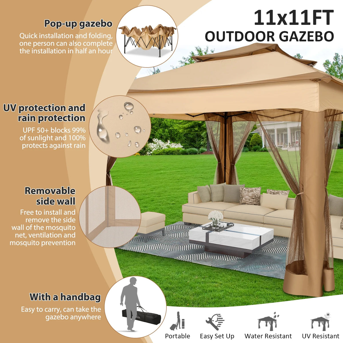HOTEEL 11x11 Outdoor Waterproof Gazebo, Pop up Canopy Gazebo with Mosquito Netting & UV Protection for Parties, Camping, Weddings, and Backyard Events, Gray