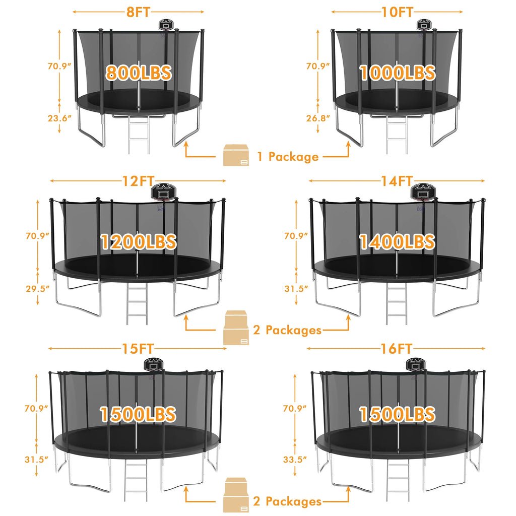 KOFUN Trampoline for Adults and Kids, 16FT 15FT 14FT 12FT 10FT 8FT Trampoline with Basketball Hoop, Enclosure Net, Ladder, Light, Anchor Kits, Heavy Duty Outdoor Backyard Trampolines, Black