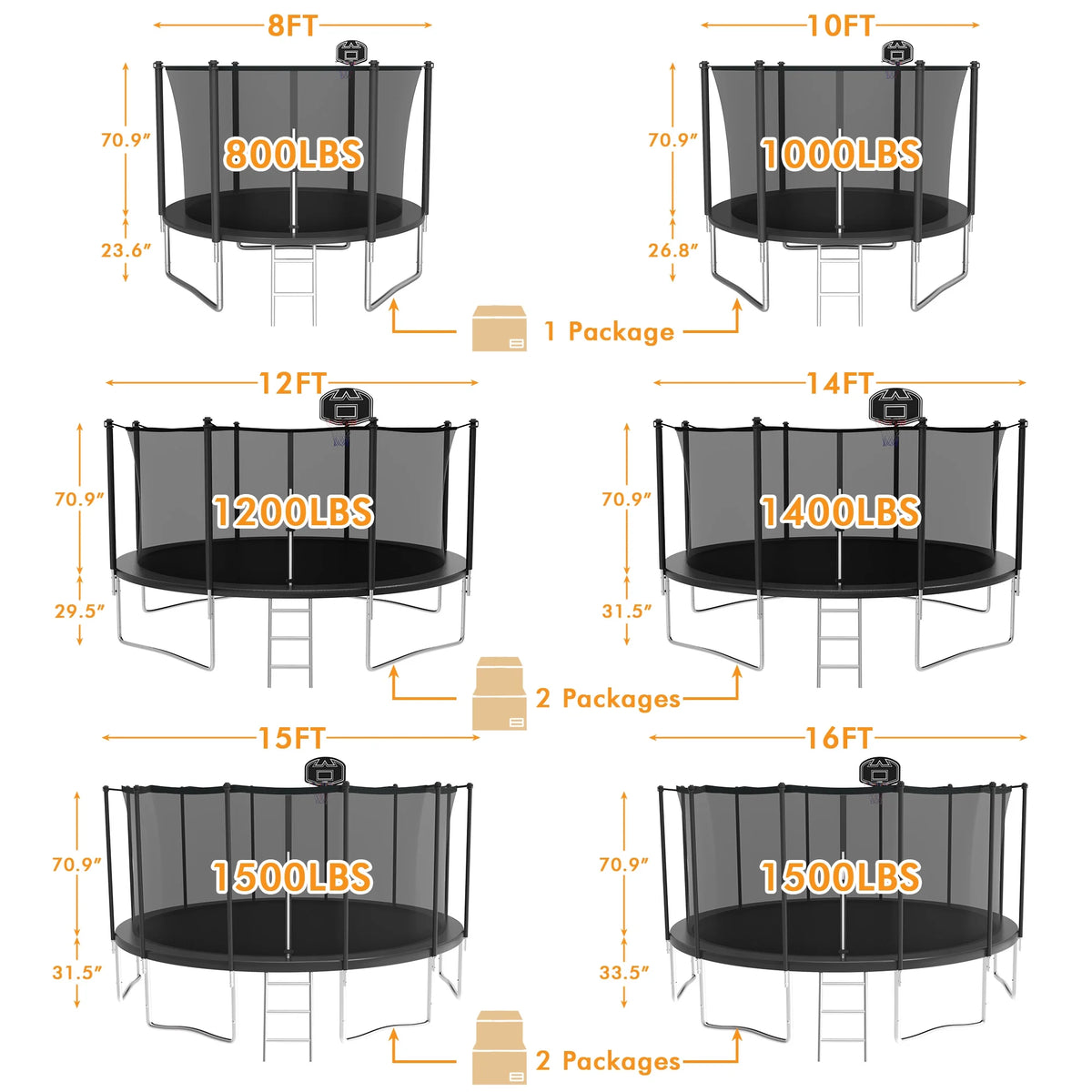 KOFUN Trampoline for Adults and Kids, 16FT 15FT 14FT 12FT 10FT 8FT Trampoline with Basketball Hoop, Enclosure Net, Ladder, Light, Anchor Kits, Heavy Duty Outdoor Backyard Trampolines, Black