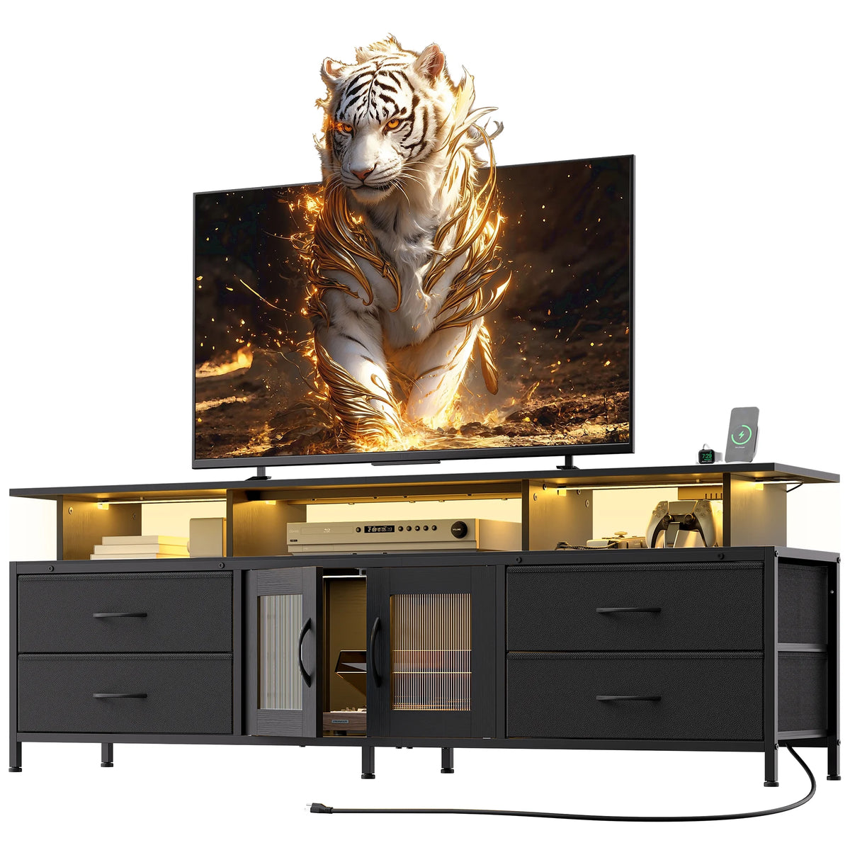 GUNAITO TV Stand for TV up to 70", Big TV Stand for Living Room Entertainment Center with LED Lights and 4 Fabric Drawers , Black