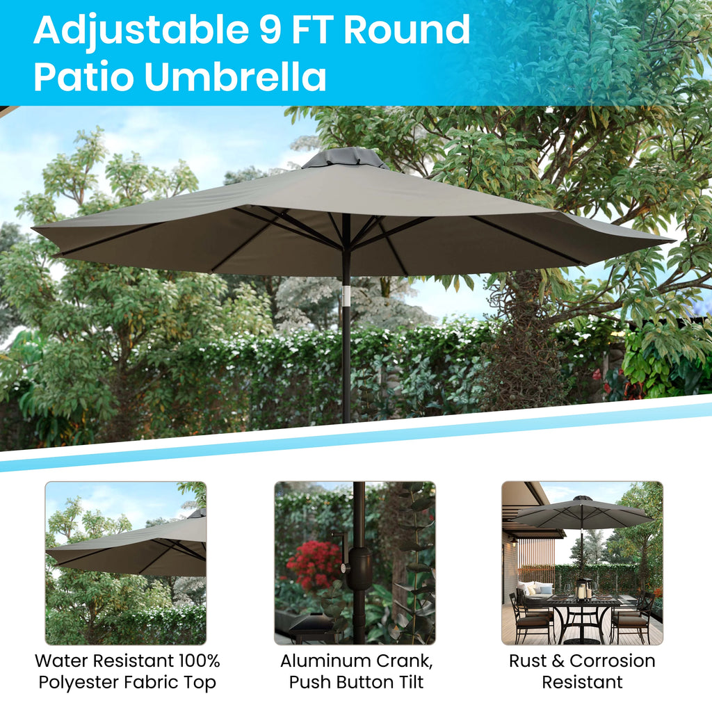 Merrick Lane Patio Umbrella with Base - 9' Tan Polyester Patio Umbrella - 30+ UV Protection - Waterproof Black Cement Base with 1.5" Diameter Aluminum Pole