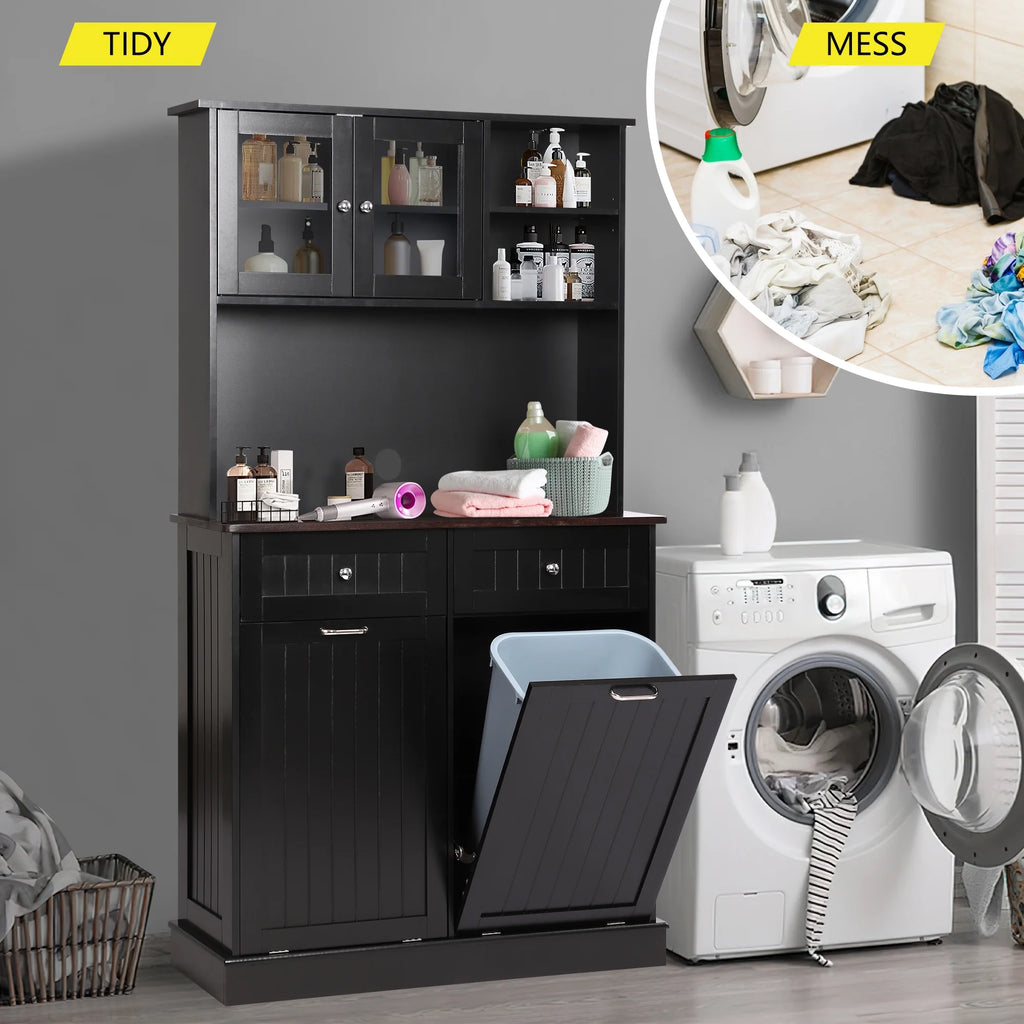KIGOTY Dual Kitchen Trash Cabinet, Double Tilt Out Trash Can Cabinet with Countertop and Drawer, Free-Standing Pet Proof Recycling Cabinet Garbage Can Holder, Wood (White)