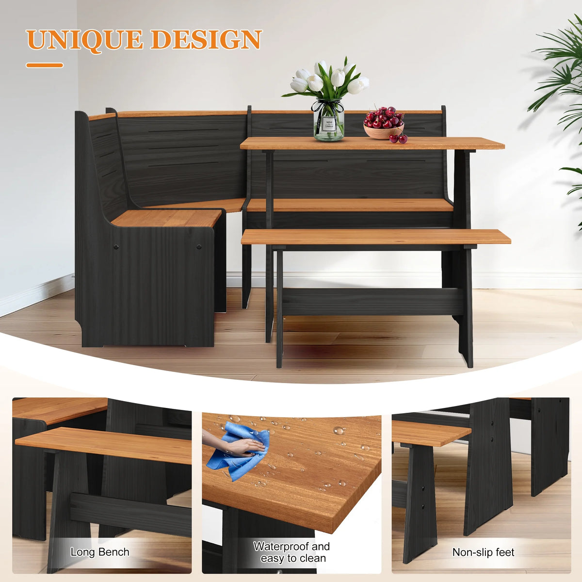 Breakfast Nook Kitchen Corner Dining Table Bench Chair Set, Space-Saving 3-4 Seat L-Shape Farmhouse Mid Century Modern Style for Family Home Black Wood