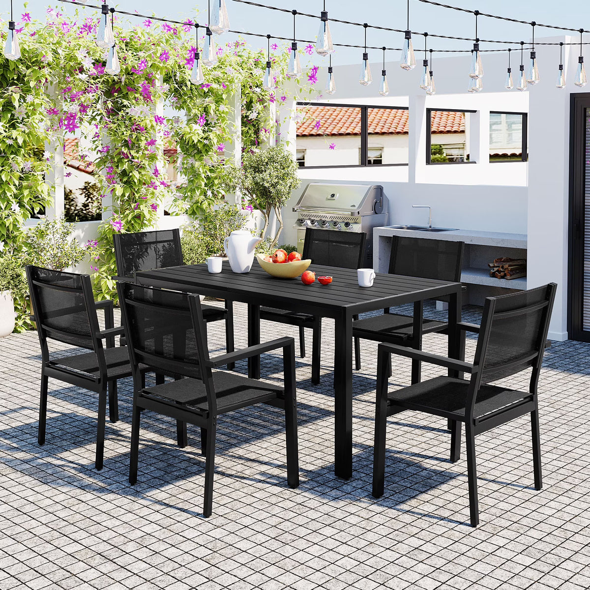 7 Piece Outdoor Dining Set, Patio Dining Table Set for 6 Persons, Garden Patio Textilene Dining Furniture Set with Plastic-Wood Tabletop, Dining Table Chairs Conversation Set for Deck Patio