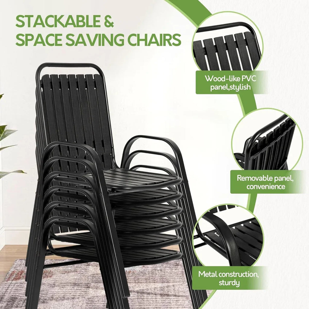 Seizeen Outdoor Dining Set for 6, Plastic Wood Patio Furniture Set with Steel Frame, Space-saving Dining Table and Chairs Stockable Design, All-weather Porch Garden Yard Conversation Furniture, Black