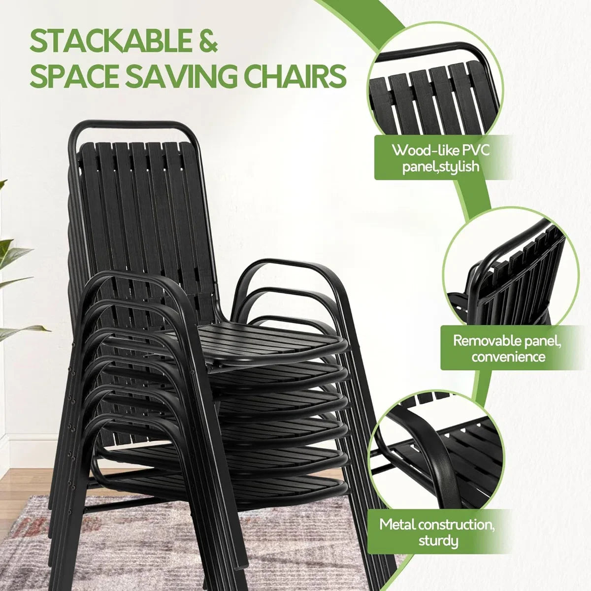 Seizeen Outdoor Dining Set for 6, Plastic Wood Patio Furniture Set with Steel Frame, Space-saving Dining Table and Chairs Stockable Design, All-weather Porch Garden Yard Conversation Furniture, Black